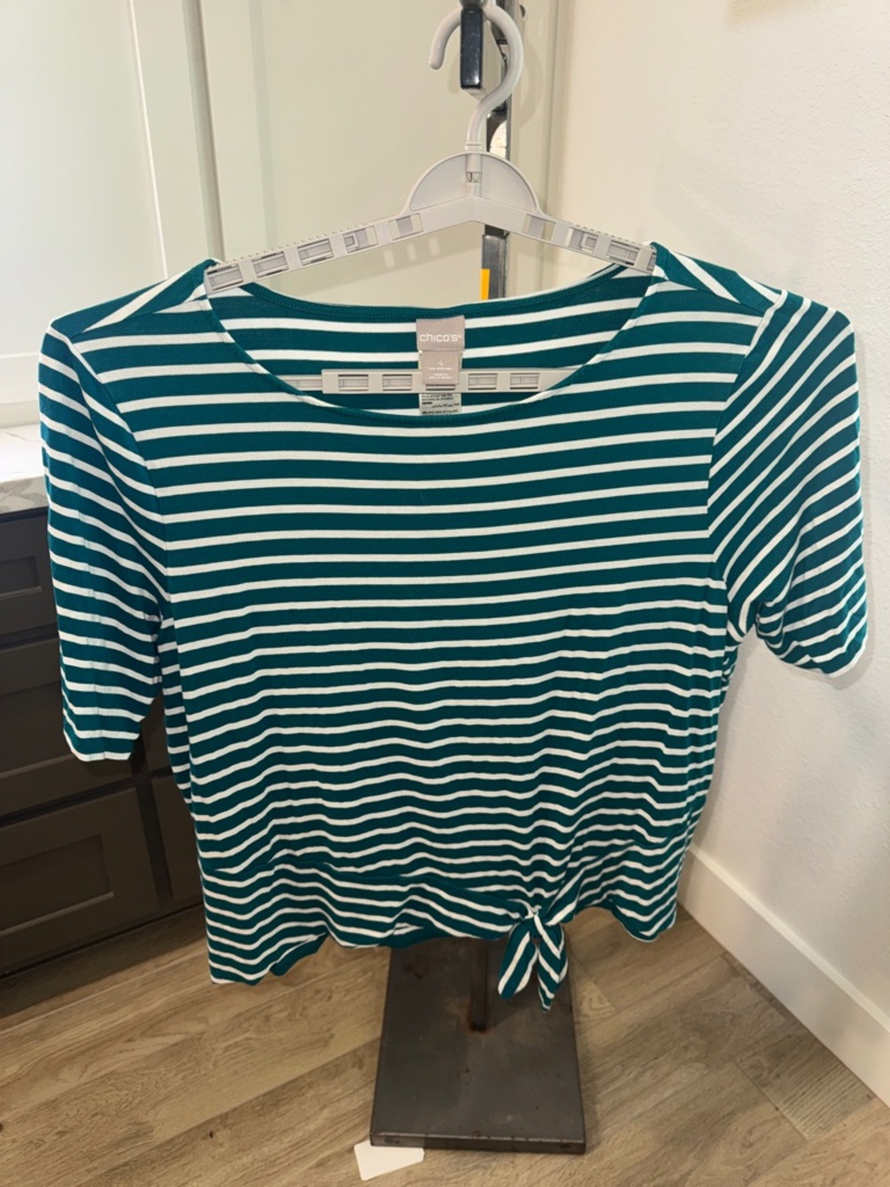Chico's Teal and White Striped Short-Sleeve Tie-Front Dress Tee. Size 4/XXL